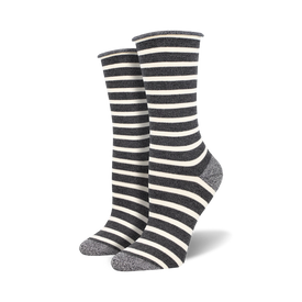 black toe and heel, white with black stripes, ribbed top, mid-calf length, bamboo, crew length, women's, basic socks.    