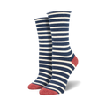 Close-up of the horizontal white and medium blue stripes on the bamboo sock fabric.