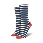 Close-up of the horizontal white and medium blue stripes on the bamboo sock fabric.
