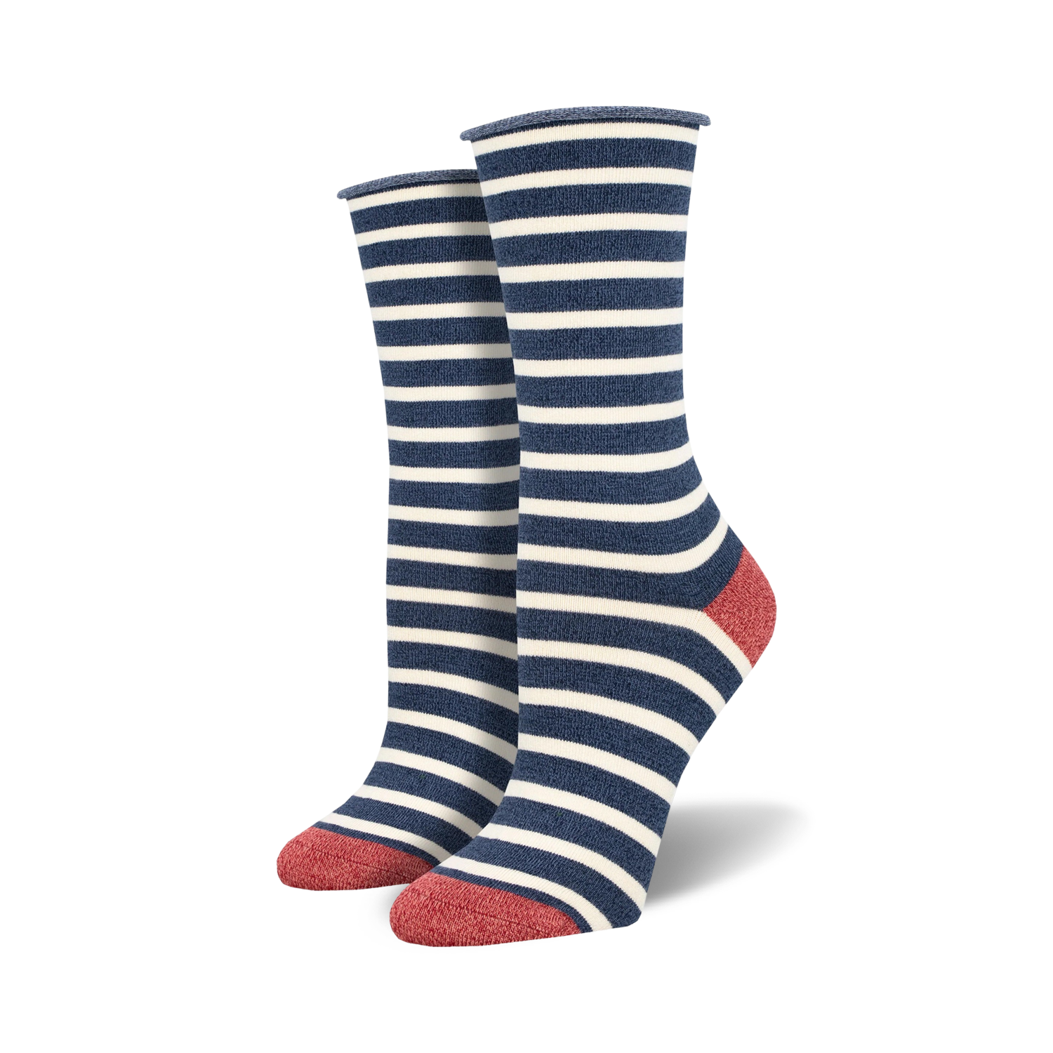 Close-up of the horizontal white and medium blue stripes on the bamboo sock fabric.