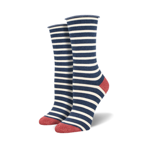 Single crew sock with warm brown and off-white horizontal stripes, solid dark brown heel and toe, on a white background.