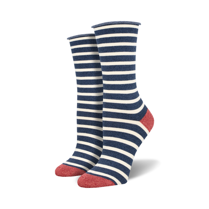Single crew sock with warm brown and off-white horizontal stripes, solid dark brown heel and toe, on a white background.