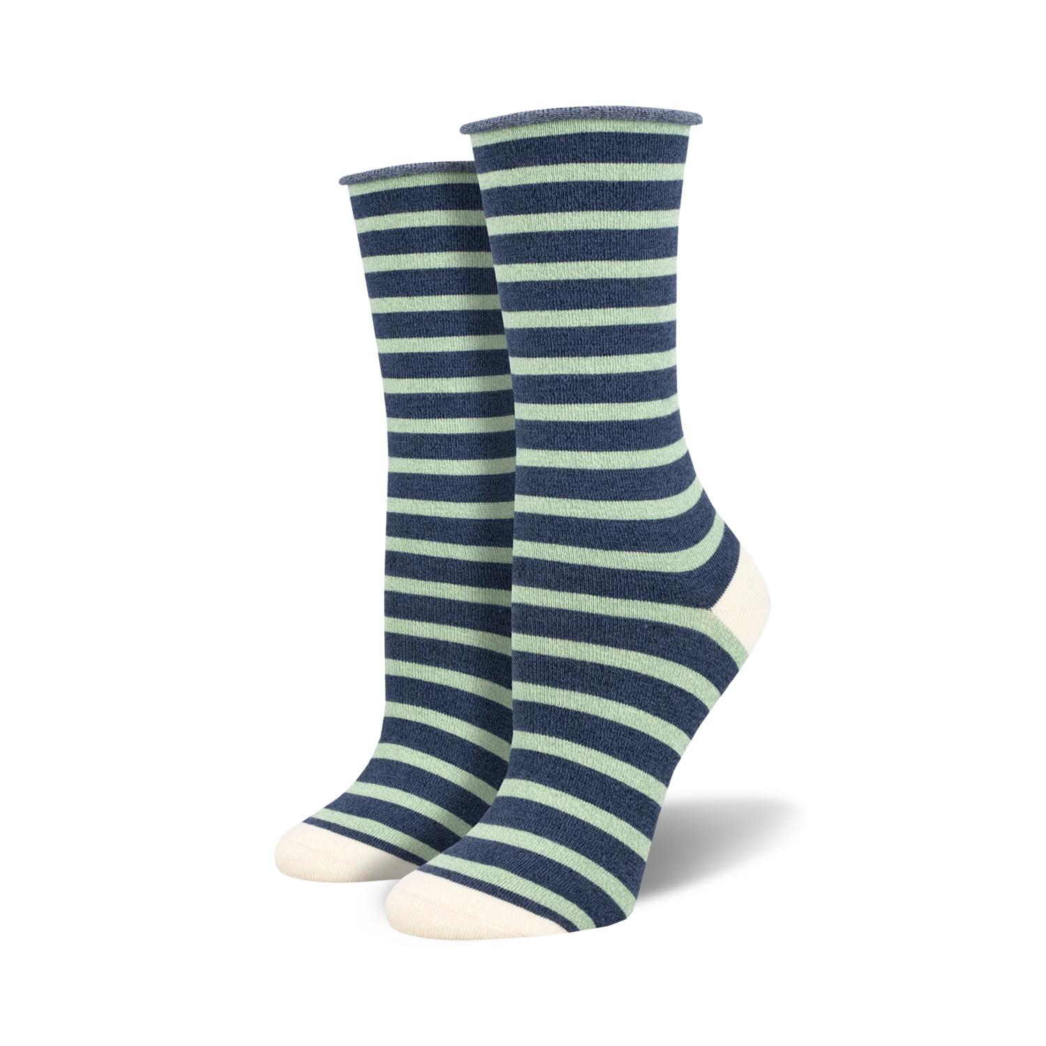 Side angle showing the solid brown heel on the brown striped sock.