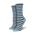 Detail of the top edge showing the rolled cuff design on the dark grey striped socks.