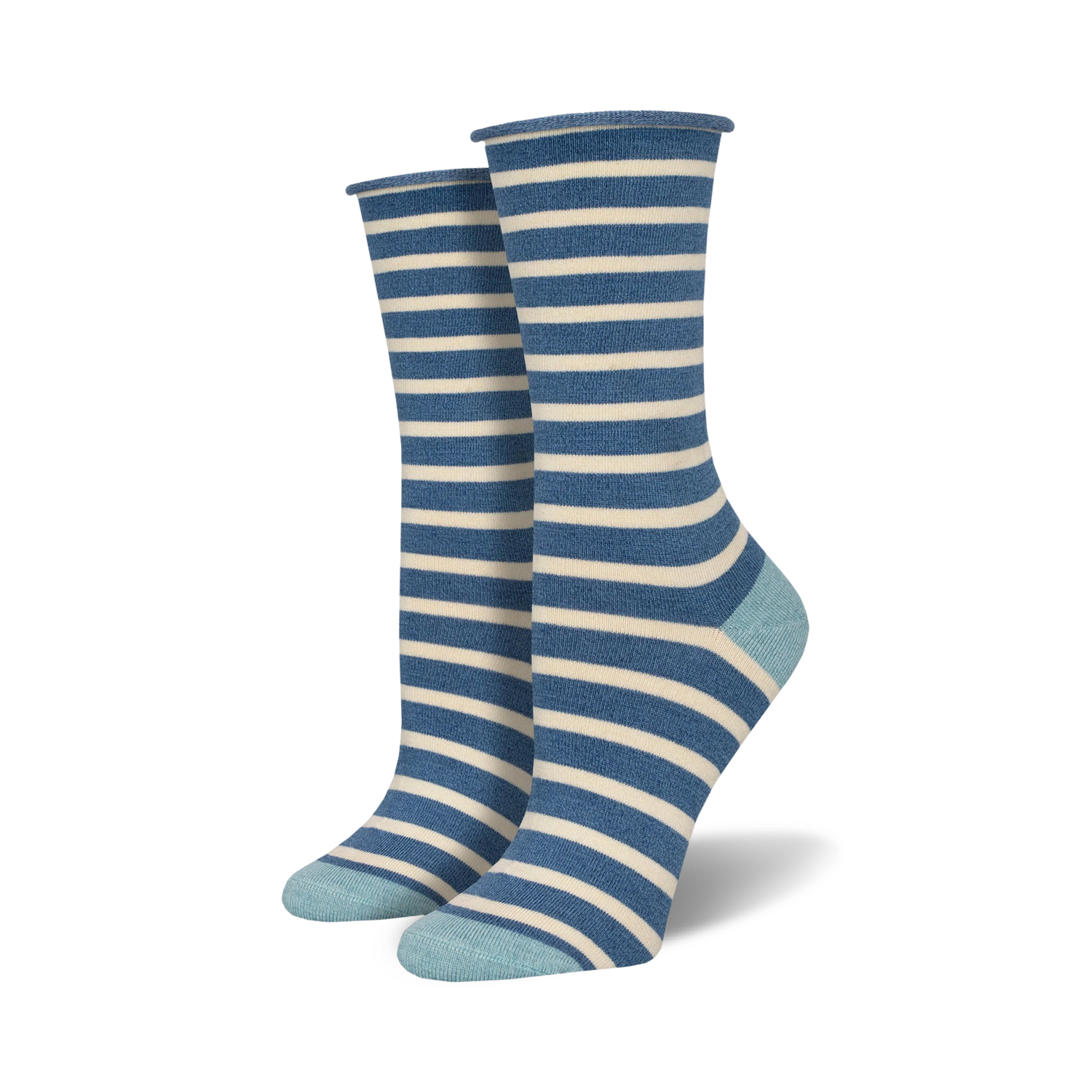 Detail of the top edge showing the rolled cuff design on the dark grey striped socks.