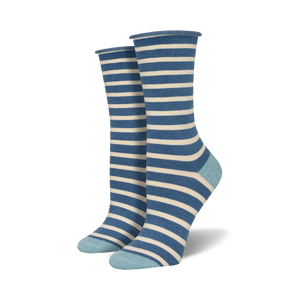 Pair of blue and cream horizontally striped crew socks with pale blue heels, toes, and cuffs.