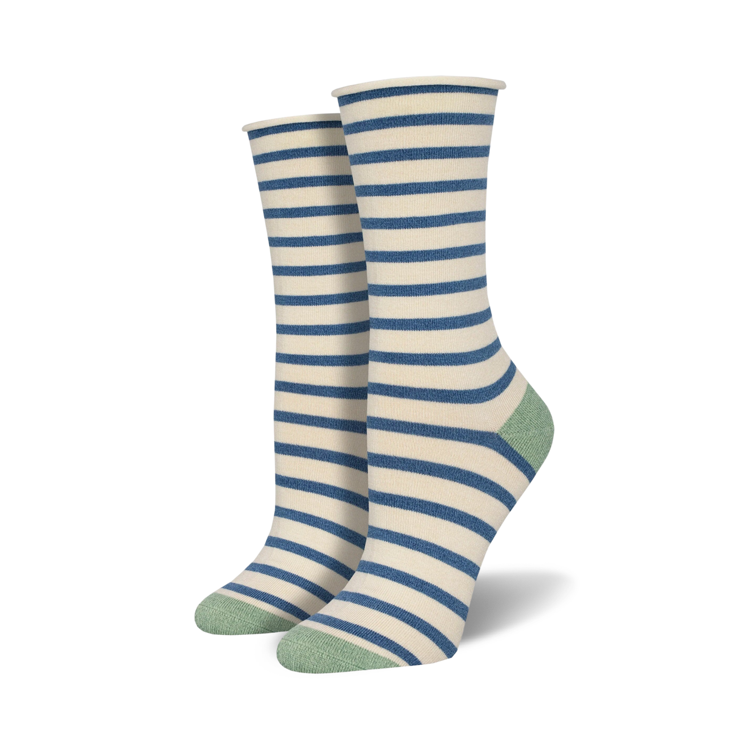 Side angle showing the light grey heathered heel on the dark grey striped sock.