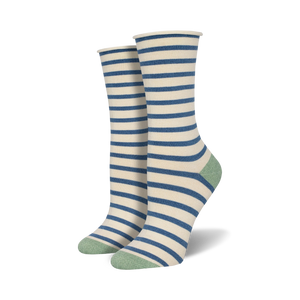 Single crew sock with warm brown and off-white horizontal stripes, solid dark brown heel and toe, on a white background.