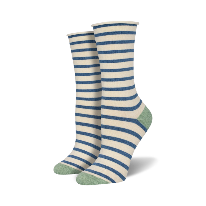 Single crew sock with warm brown and off-white horizontal stripes, solid dark brown heel and toe, on a white background.