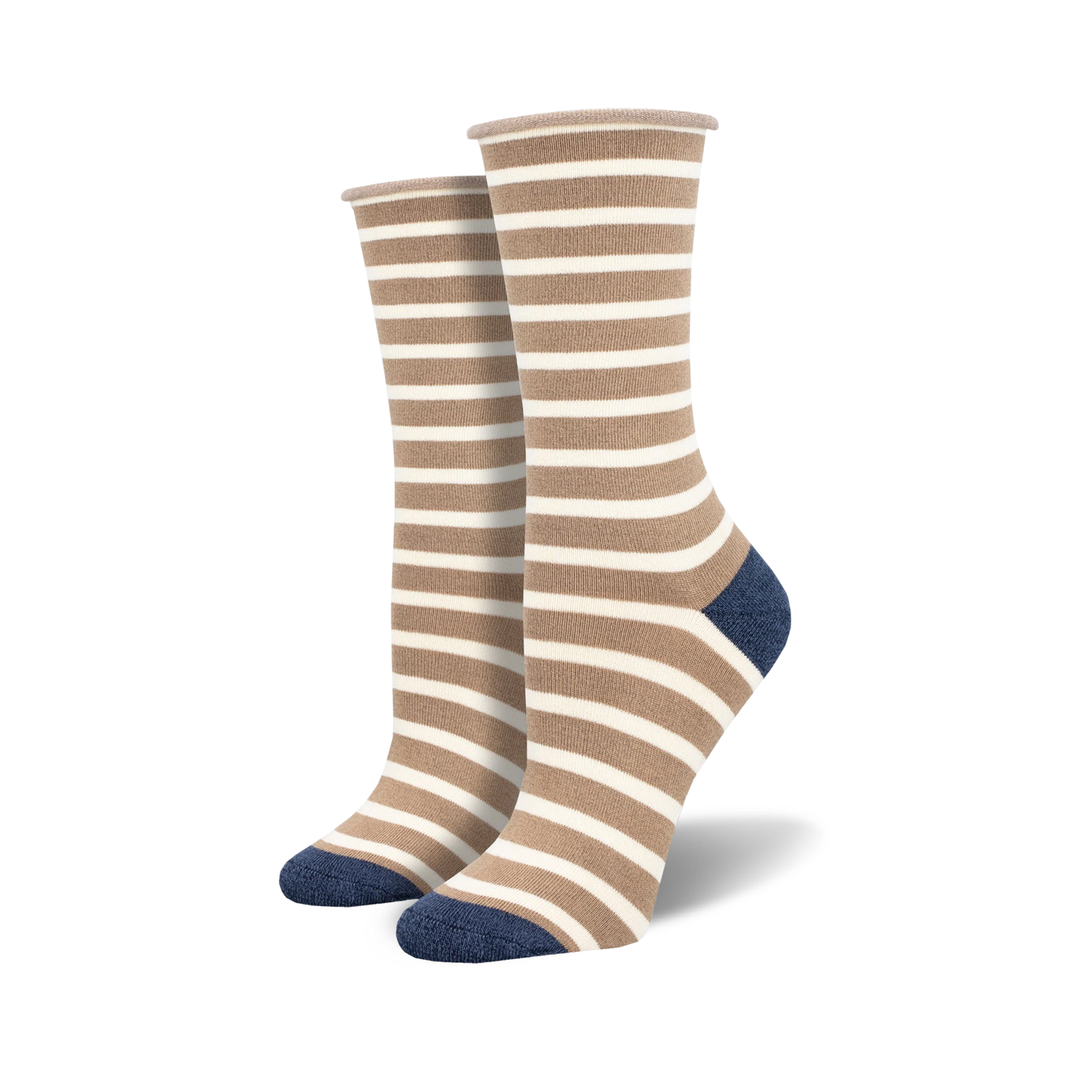 Close view of the contrasting light grey heathered toe on the dark grey striped sock.