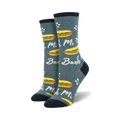Pair of crew socks in teal with illustrations of Banh Mi sandwiches and the words 'Banh Mi' printed on them.