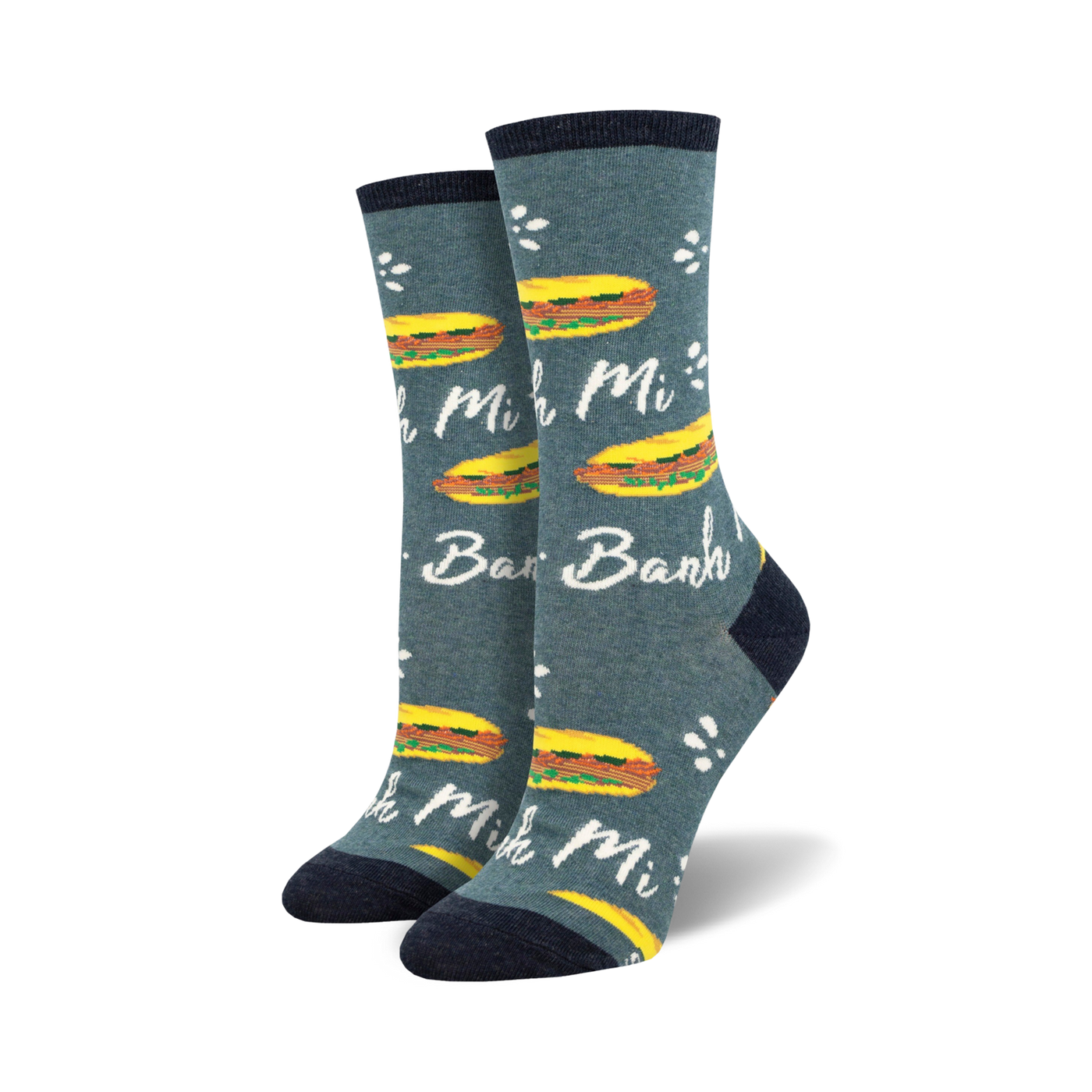 Pair of crew socks in teal with illustrations of Banh Mi sandwiches and the words 'Banh Mi' printed on them.