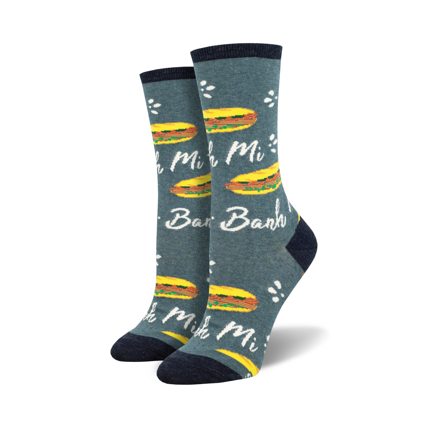 Pair of crew socks in teal with illustrations of Banh Mi sandwiches and the words 'Banh Mi' printed on them.