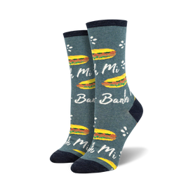 blue crew socks with an all-over pattern of cartoonish vietnamese sandwiches.   