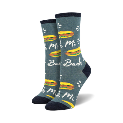 blue crew socks with an all-over pattern of cartoonish vietnamese sandwiches.   