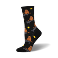 Black crew socks with a repeating pattern of orange groundhogs and yellow suns.