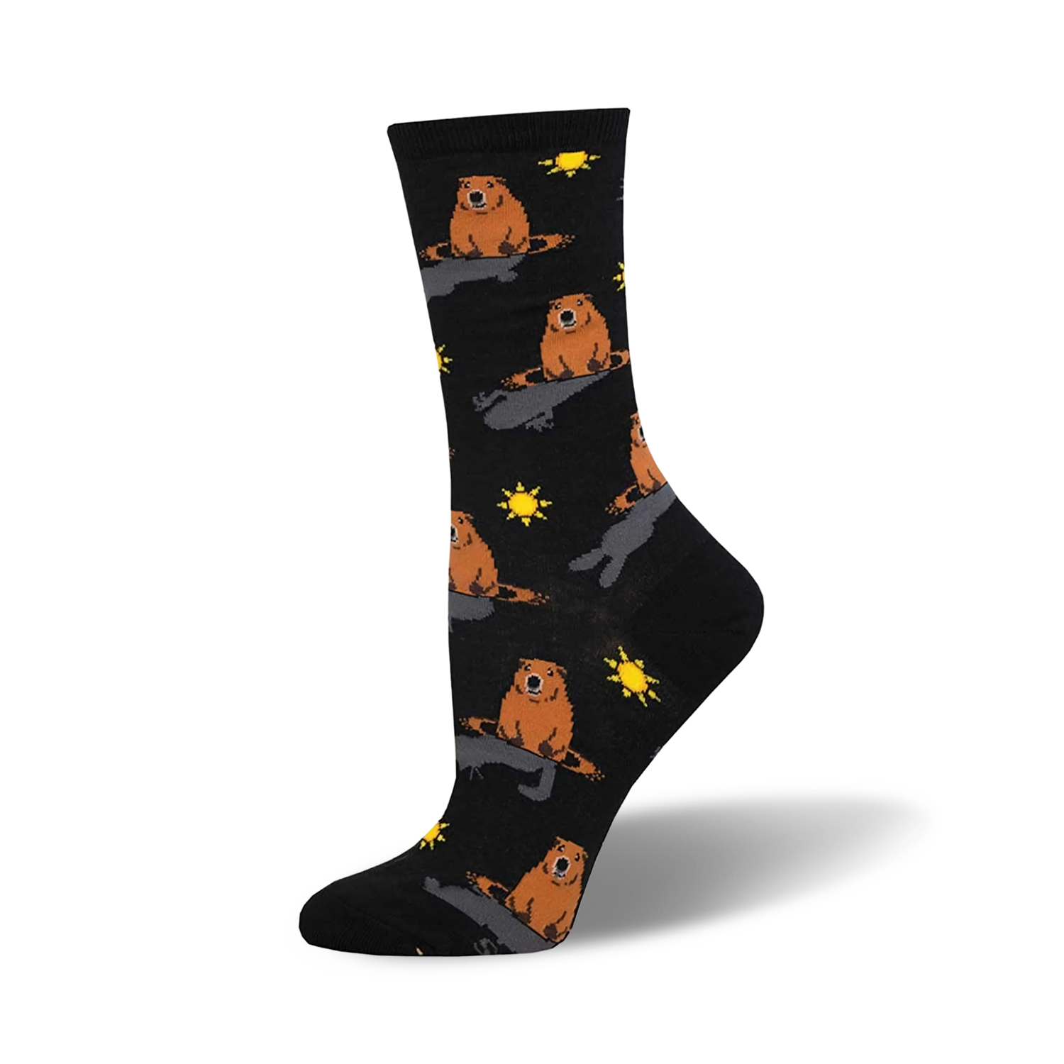 Black crew socks with a repeating pattern of orange groundhogs and yellow suns.