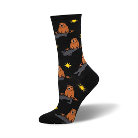 crew socks for women featuring a repeating pattern of brown groundhogs and yellow suns.  