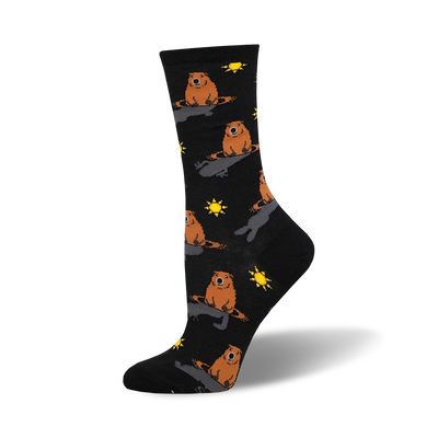 crew socks for women featuring a repeating pattern of brown groundhogs and yellow suns.  