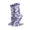 Pair of athletic crew socks in a purple tie-dye pattern on a white background.  The socks have a ribbed texture.