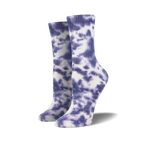 Pair of athletic crew socks in a purple tie-dye pattern on a white background.  The socks have a ribbed texture.