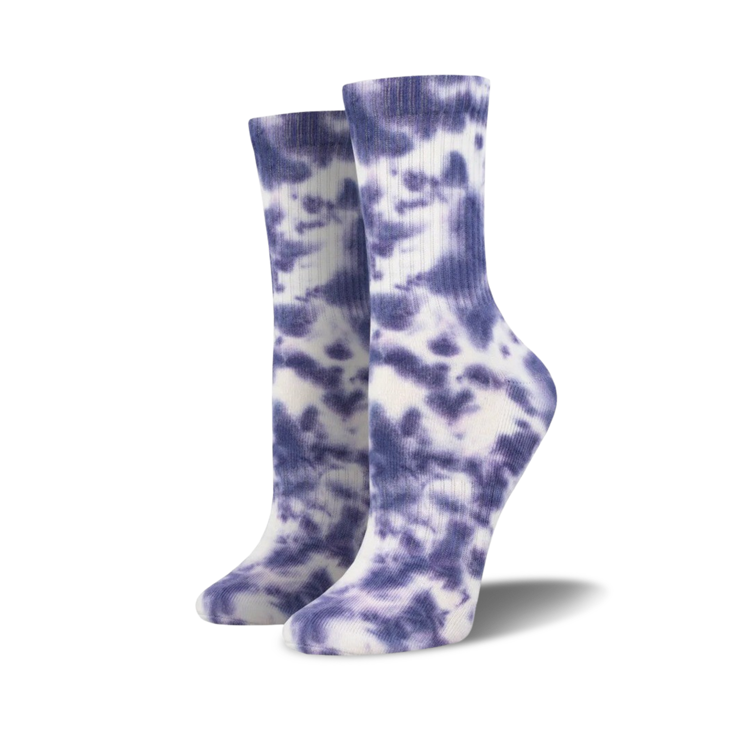 Pair of athletic crew socks in a purple tie-dye pattern on a white background.  The socks have a ribbed texture.
