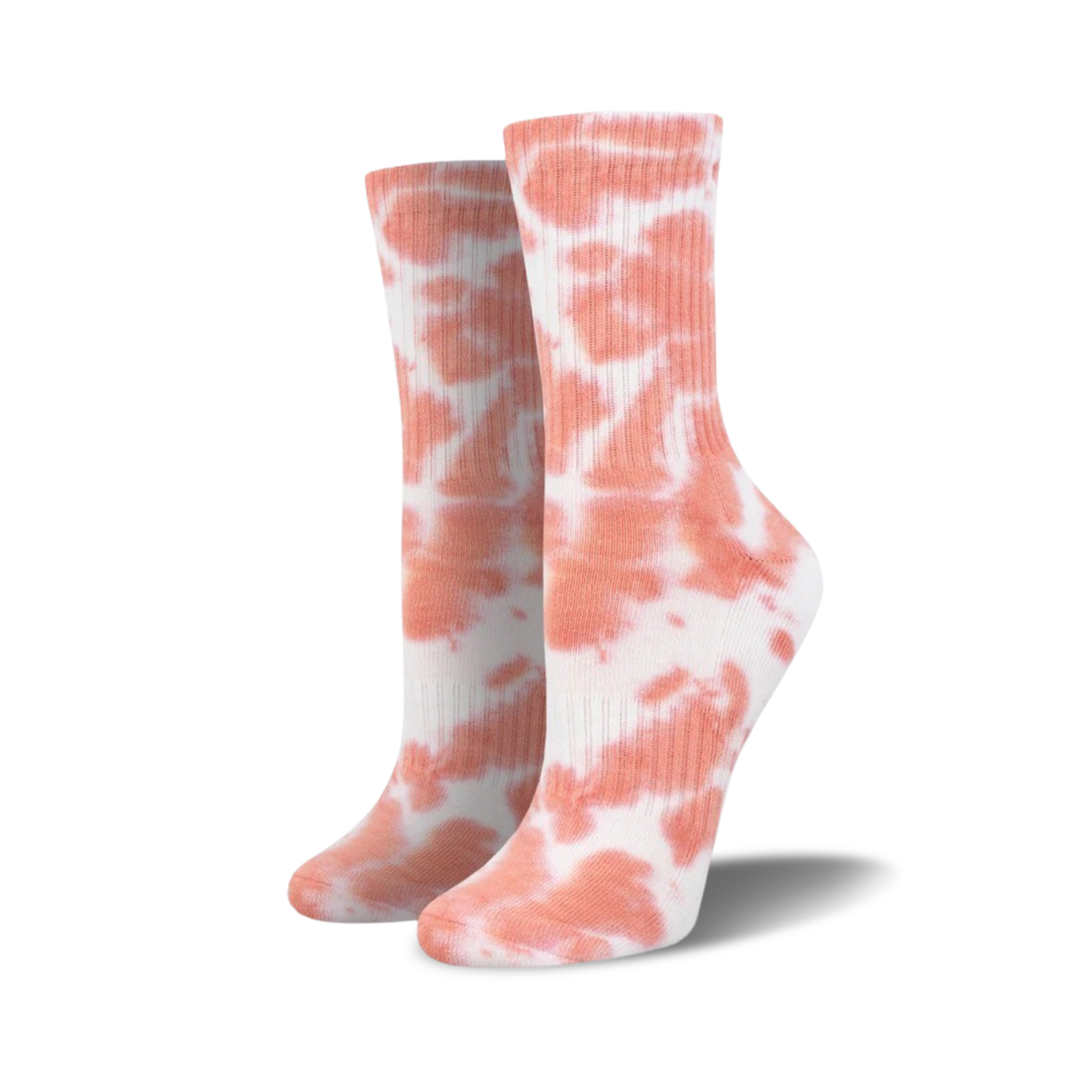 Pair of coral tie-dye athletic crew socks on a white background.