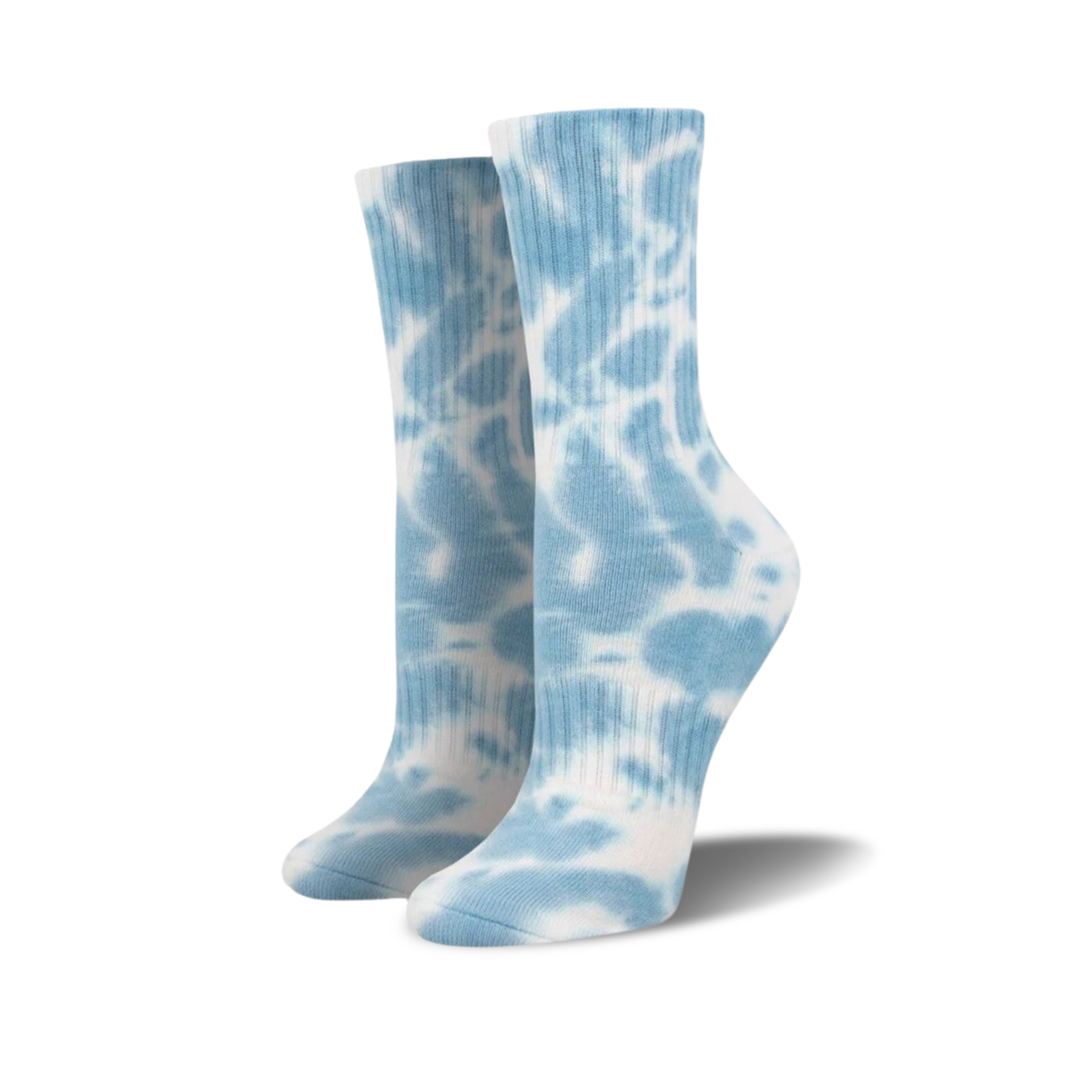 Pair of light blue tie-dye athletic crew socks on a white background.