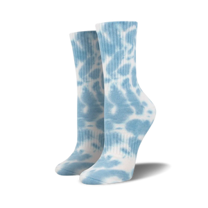 tie dye athletic women's crew socks: crew length socks with blue tie dye pattern.  