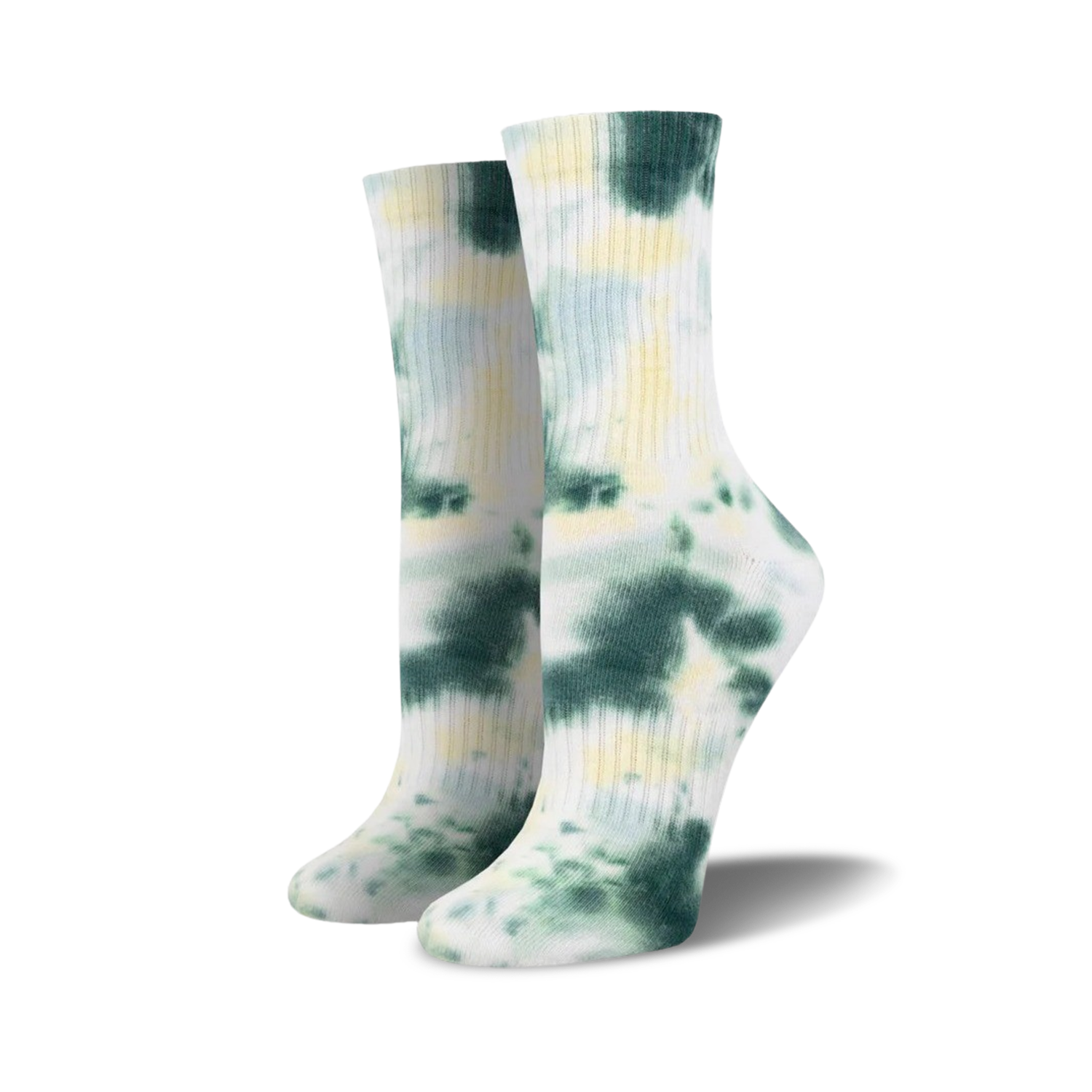 Pair of dark green and yellow tie-dye athletic crew socks on a white background.