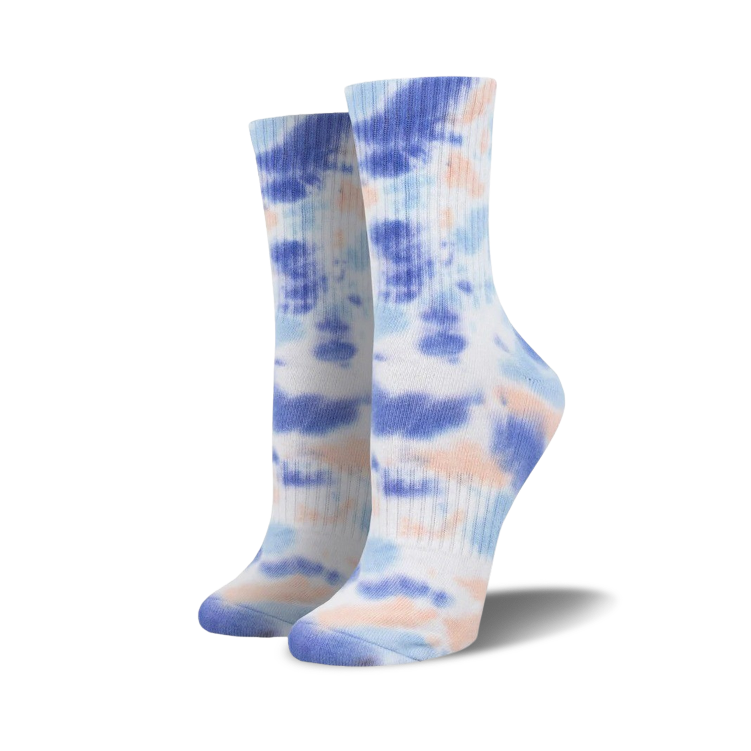 Pair of purple and peach tie-dye athletic crew socks on a white background.