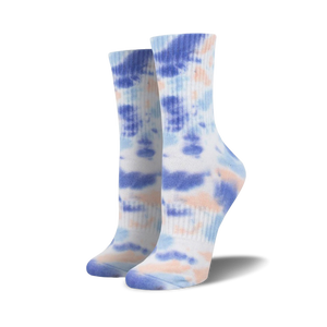 womens tie dye athletic crew socks in light blue, blue, and peach.   