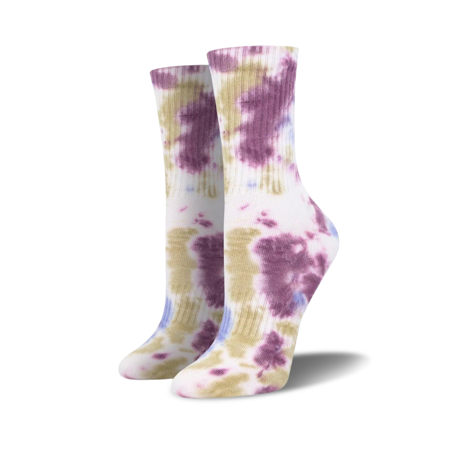 Lifestyle shot of a person wearing the purple tie-dye athletic socks.