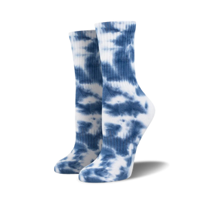 women's blue and white tie-dye crew socks with a fun and energetic pattern  