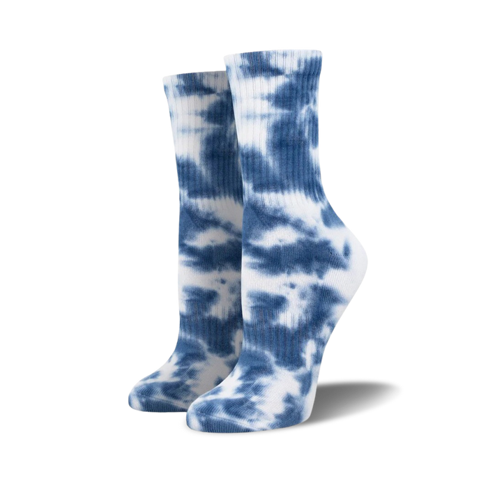 women's blue and white tie-dye crew socks with a fun and energetic pattern  