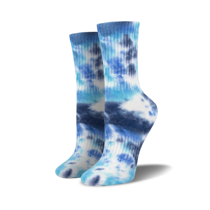 womens tie-dye crew socks in shades of blue and white, mid-calf length.  