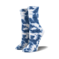 Pair of blue and white tie-dye athletic crew socks. The socks feature a swirled pattern in shades of blue against a white background.