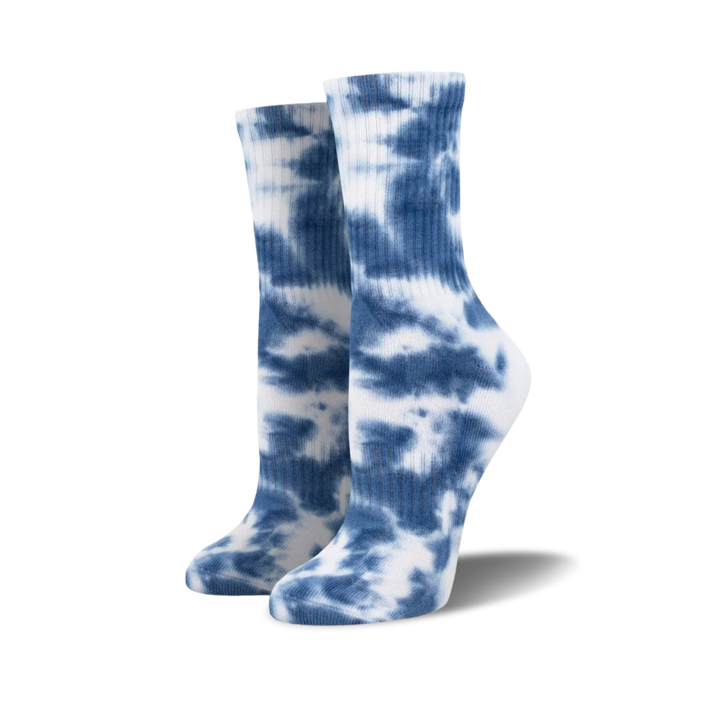 Pair of blue and white tie-dye athletic crew socks. The socks feature a swirled pattern in shades of blue against a white background.