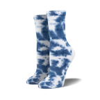 Pair of blue and white tie-dye athletic crew socks. The socks feature a swirled pattern in shades of blue against a white background.