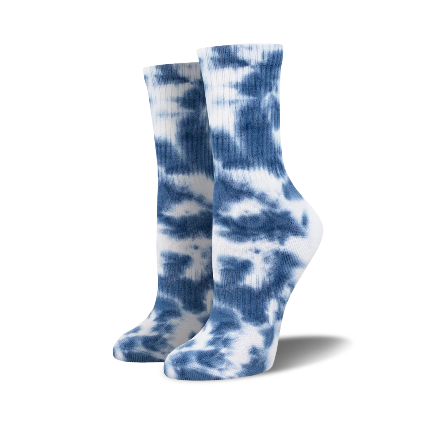 Pair of blue and white tie-dye athletic crew socks. The socks feature a swirled pattern in shades of blue against a white background.