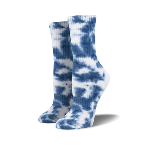 Pair of blue and white tie-dye athletic crew socks. The socks feature a swirled pattern in shades of blue against a white background.