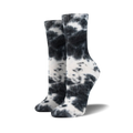 Pair of black and white tie-dye athletic crew socks shown on a white background.