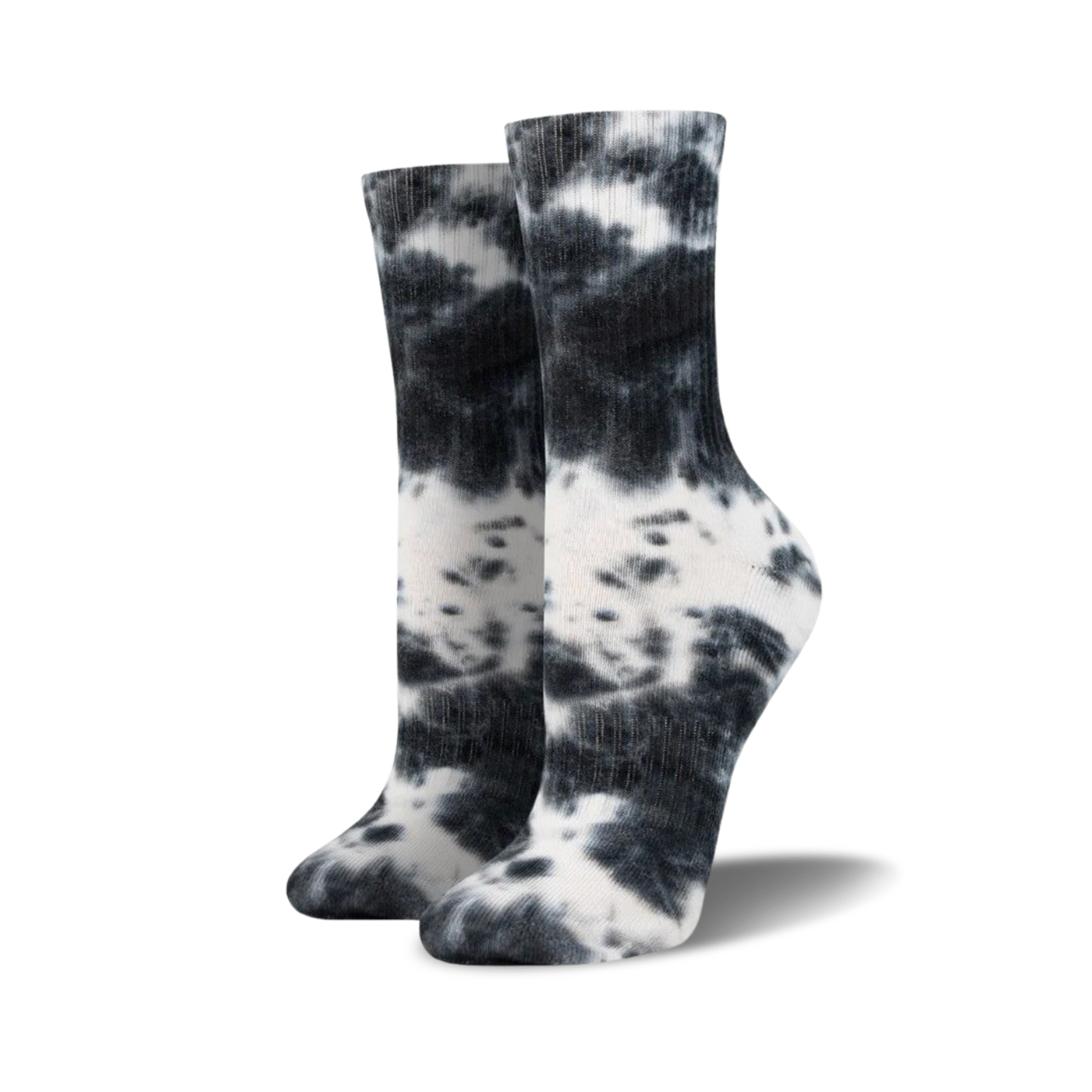 Pair of black and white tie-dye athletic crew socks shown on a white background.