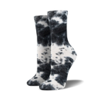 Pair of black and white tie-dye athletic crew socks shown on a white background.