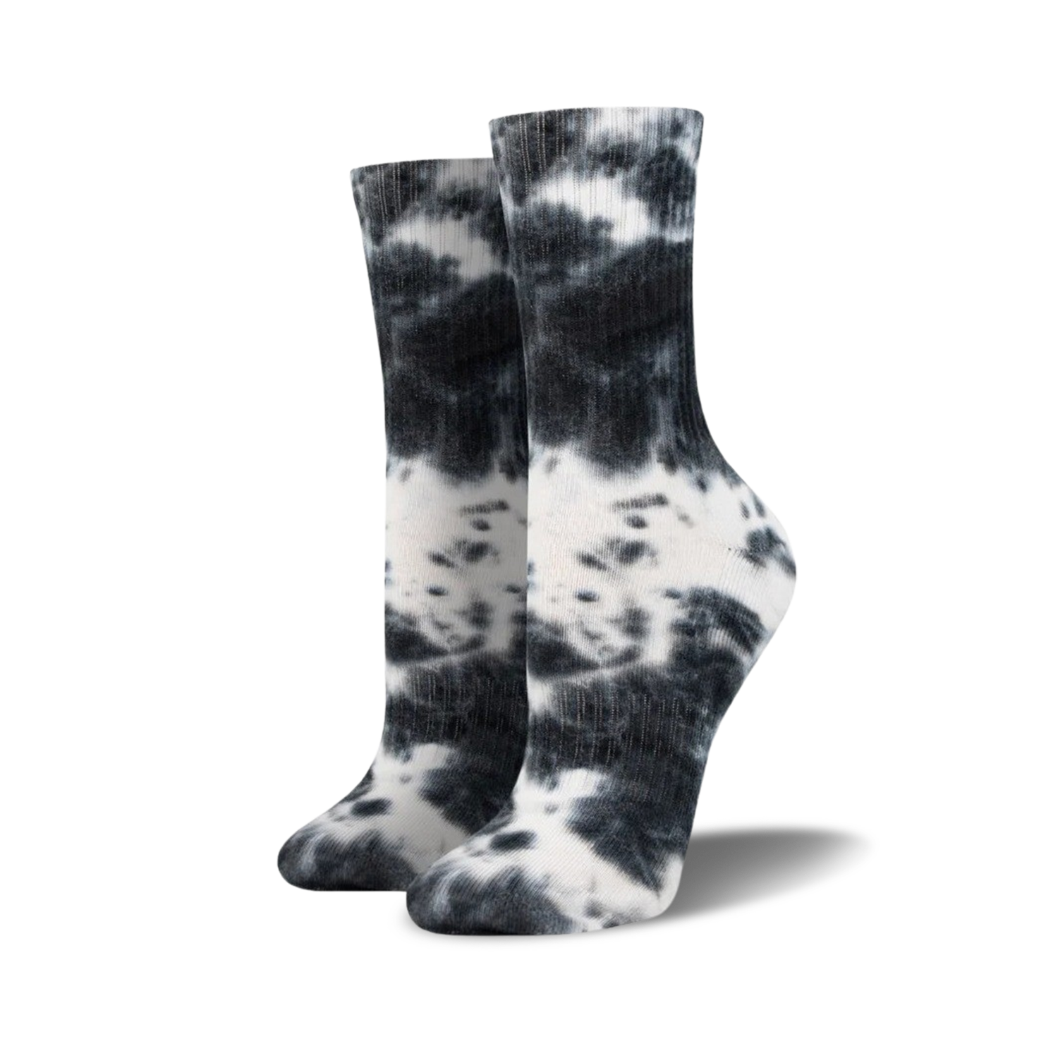 Pair of black and white tie-dye athletic crew socks shown on a white background.