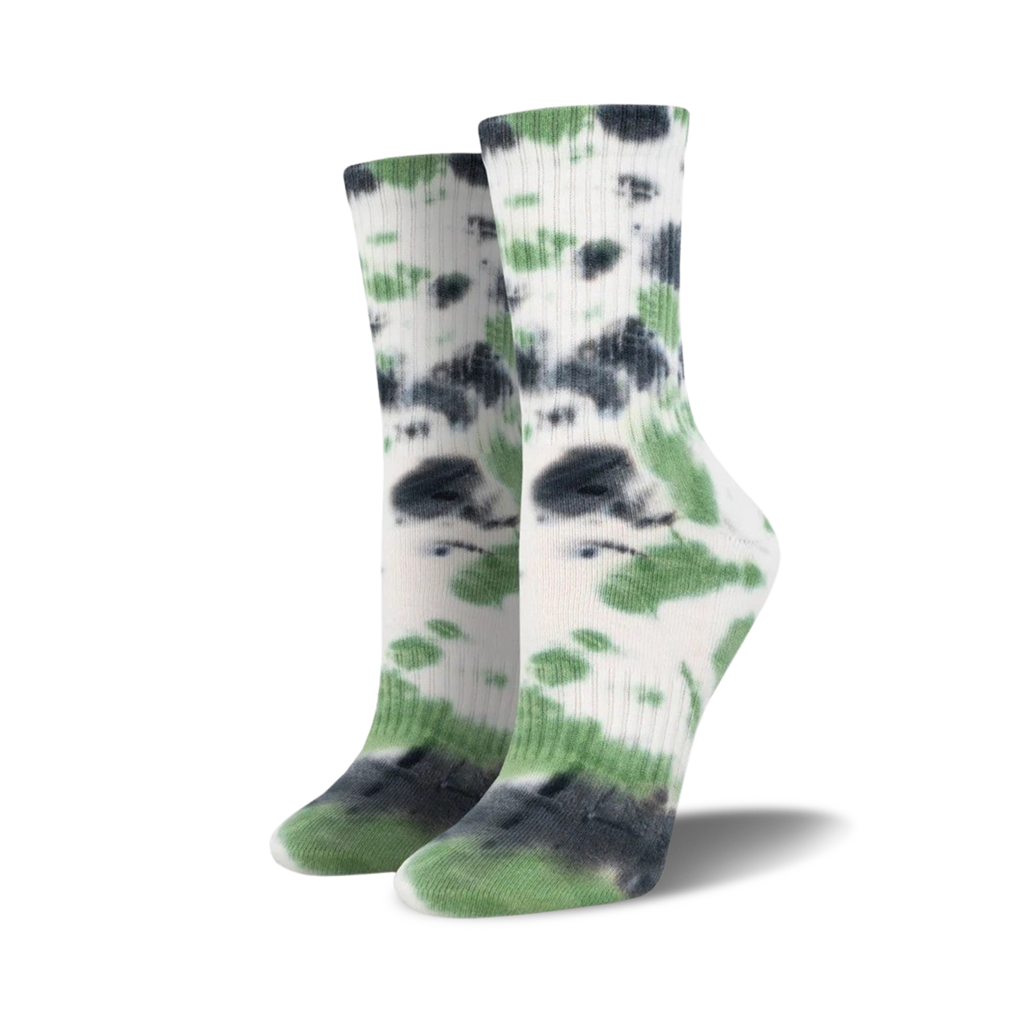 Pair of green and white tie-dye athletic crew socks shown on a white background.