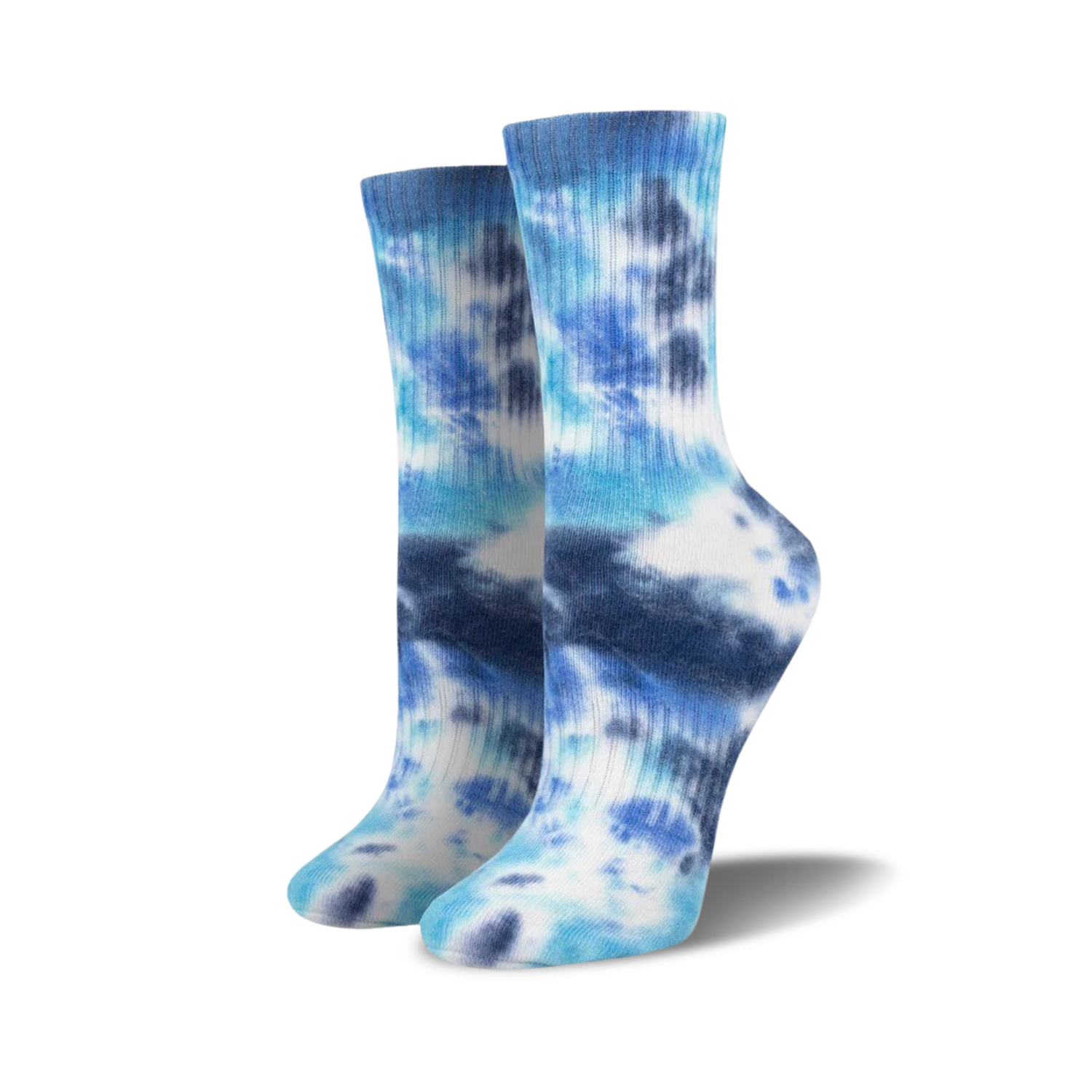 Pair of blue and white tie-dye athletic crew socks. Lighter blue shades than the main image.