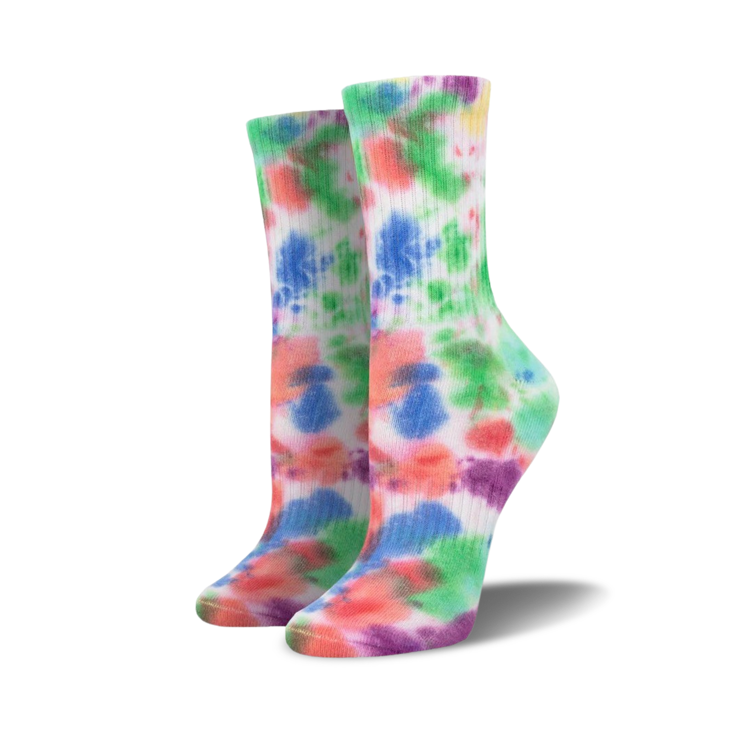 Pair of multicolored tie-dye athletic crew socks with pinks, greens, and purples on a white background.