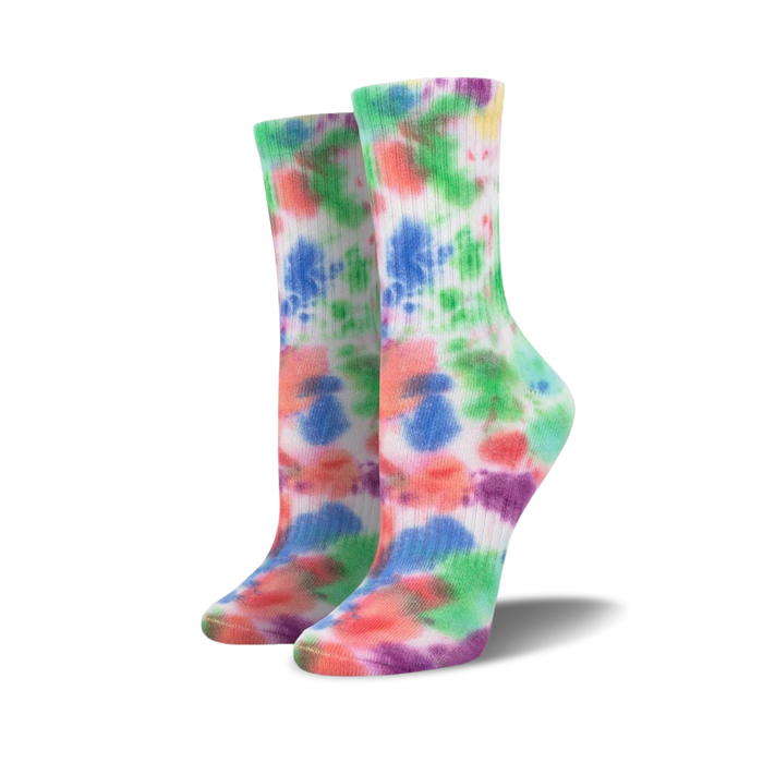 tie dye rainbow pattern crew socks in red, orange, yellow, green, blue, and purple. white toe and ribbed top. for men.  