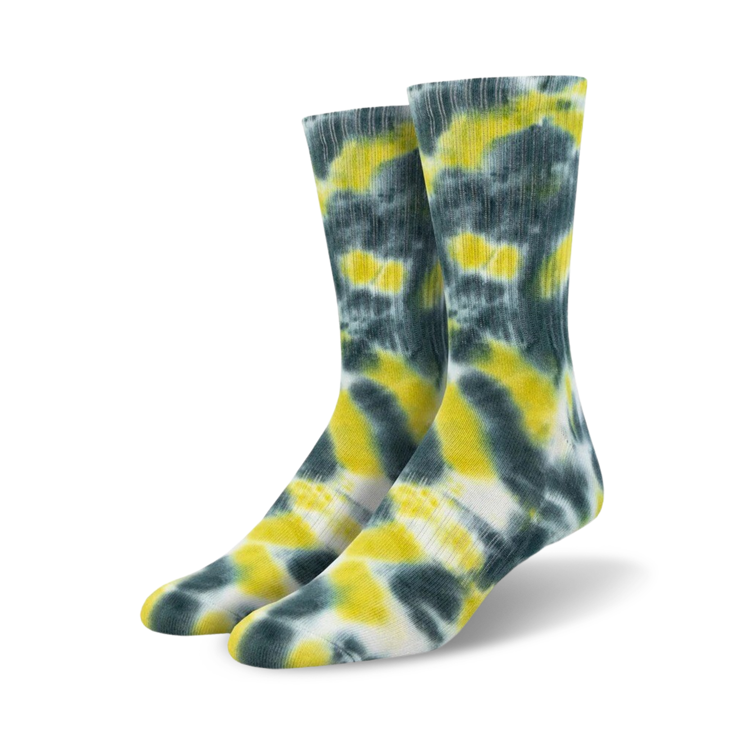 Flatlay image showing multiple pairs of tie-dye athletic crew socks in various colors.